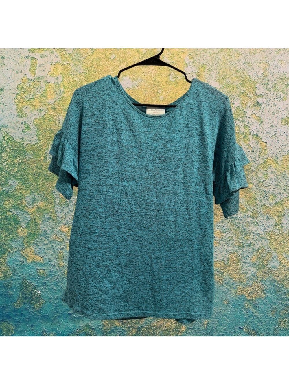 Bobbie Brooks Heathered Teal Short Sleeve Ruffle Sleeve Knit Top size M